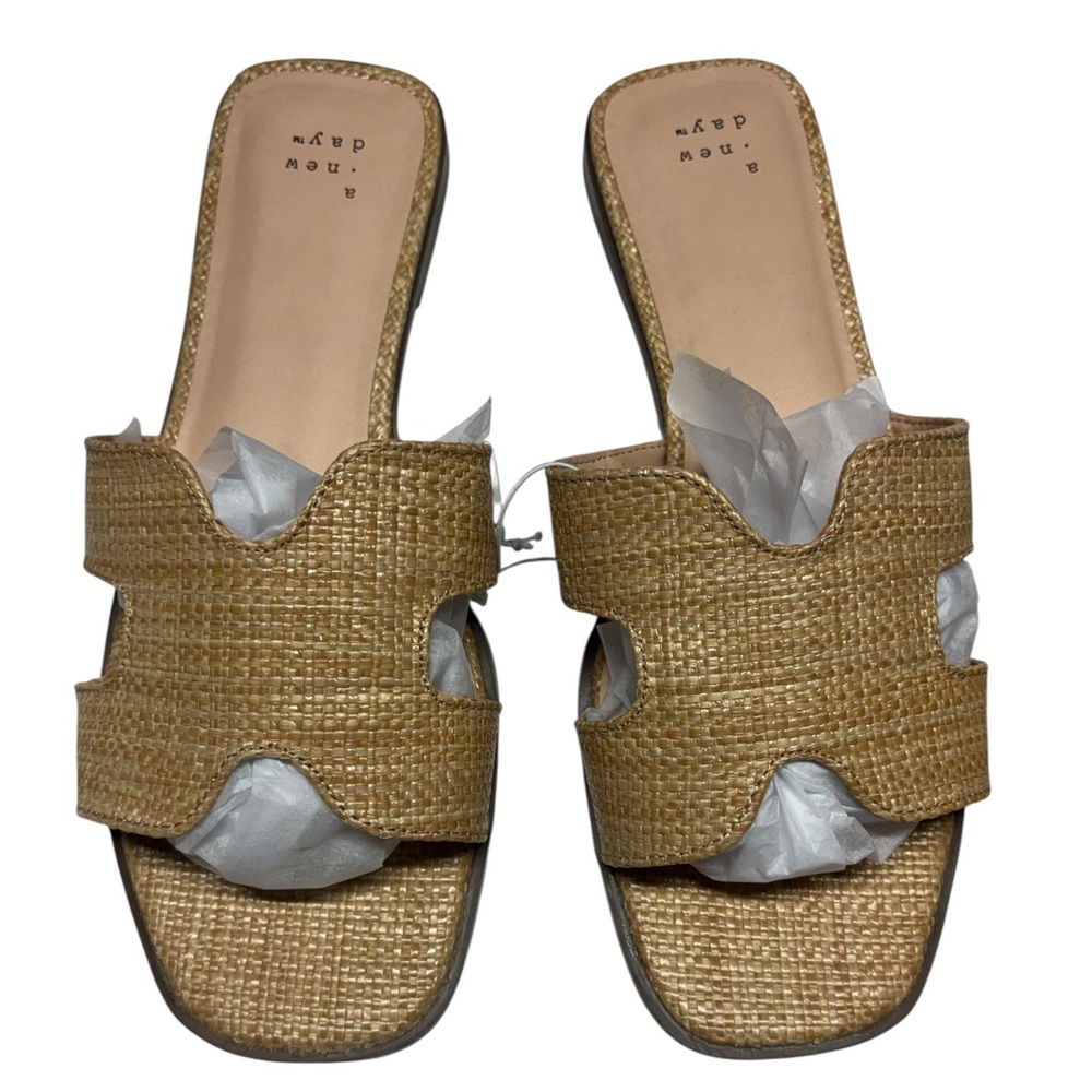 A New Day Women's Tan Slide Sandals Raffia Woven Light 8.5W Wide NEW